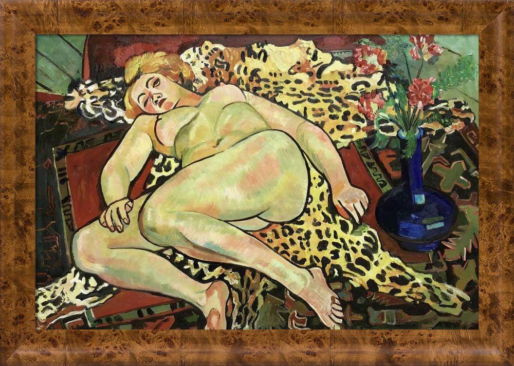 Naked Catherine Lying on a Panther's Skin Pre-framed - Havana Burl Frame 24" X 36"
