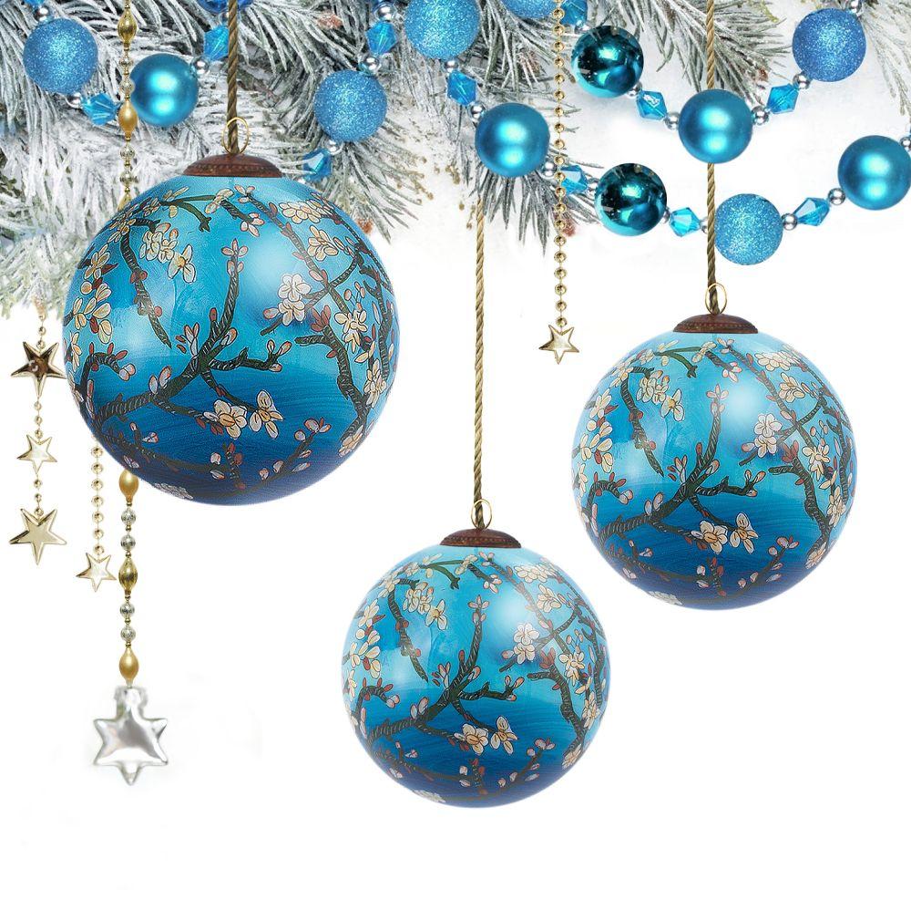 Branches of an Almond Tree in Blossom (Blue) Glass Ornament Collection (Set of 3)