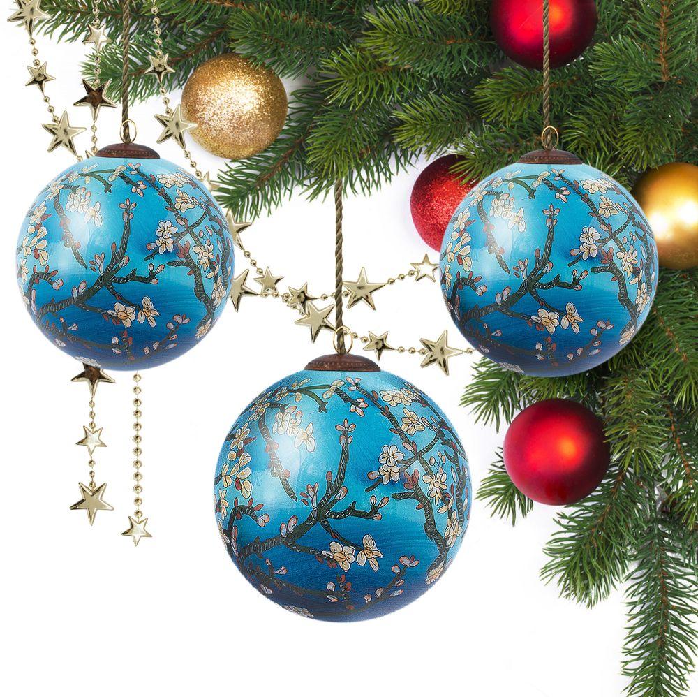 Branches of an Almond Tree in Blossom (Blue) Glass Ornament Collection (Set of 3)