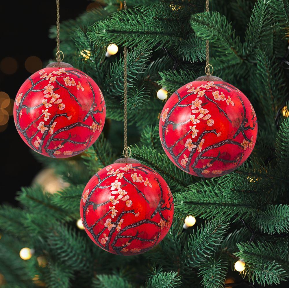 Branches of an Almond Tree in Blossom (Red) Glass Ornament Collection (Set of 3)