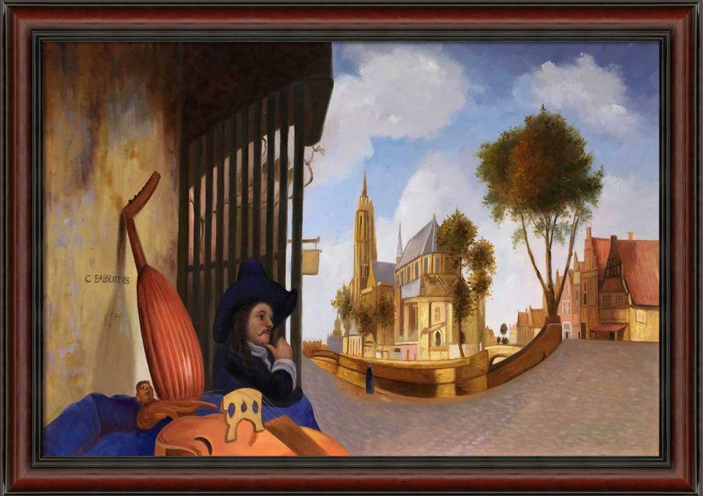 A View of Delft with a Musical Instrument Seller's Stall Pre-framed - Grecian Wine Frame 24" X 36"
