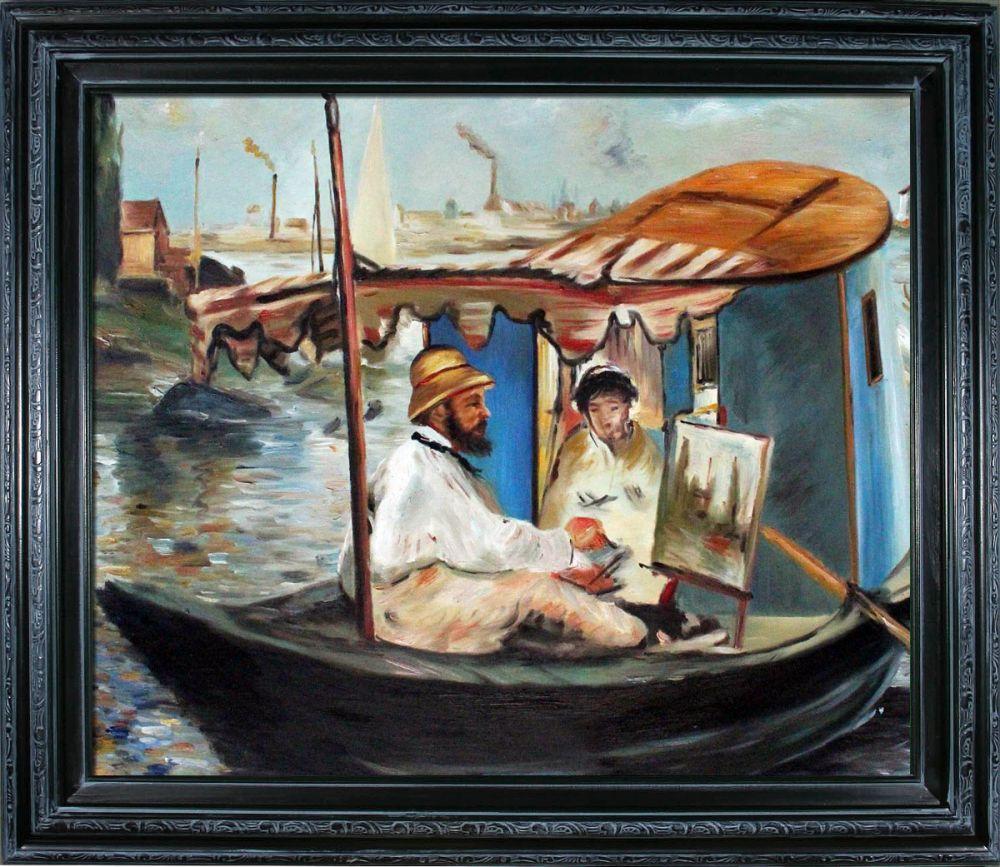 Claude Monet Working on his Boat in Argenteuil Pre-Framed - Spaniard Black Frame 20"X24"
