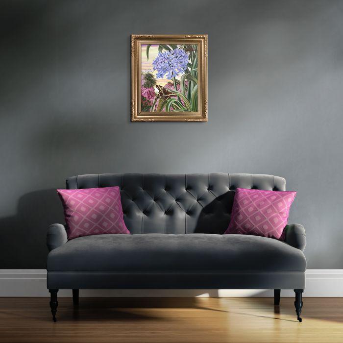 Blue Lily and Large Butterfly Pre-Framed - Florentine Dark Champagne Frame 20"X24"