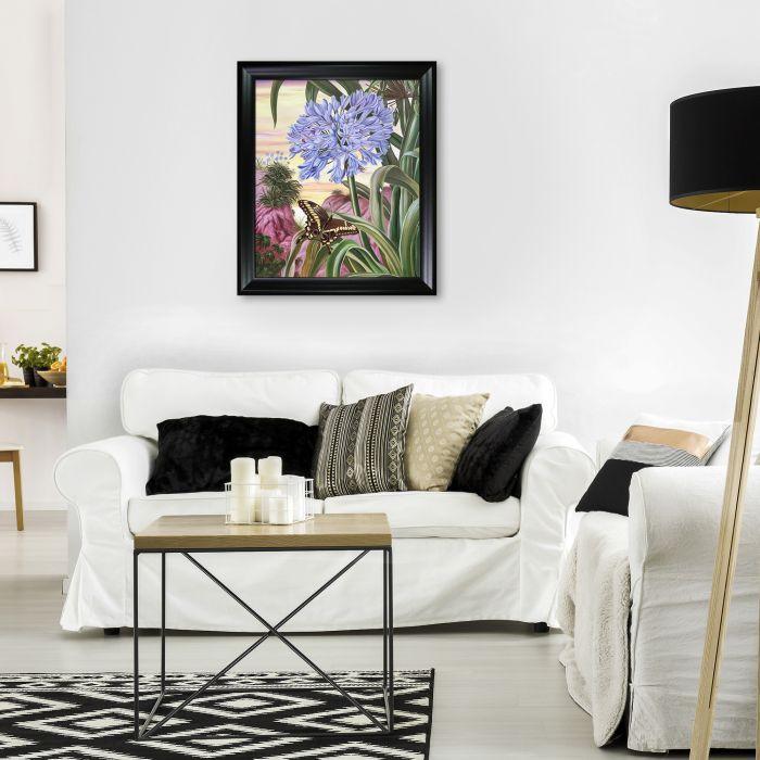 Blue Lily and Large Butterfly Pre-framed - Black Matte Frame 20"X24"