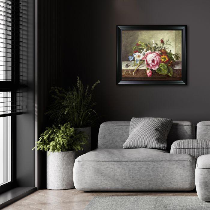 Spray of Flowers, with a Beetle on a Stone Balustrade Pre-framed - Black Matte Frame 20"X24"