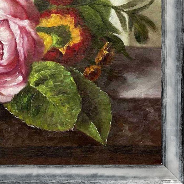 Spray of Flowers, with a Beetle on a Stone Balustrade Pre-Framed - Piccino Luminoso Silver Frame 20" X 24"