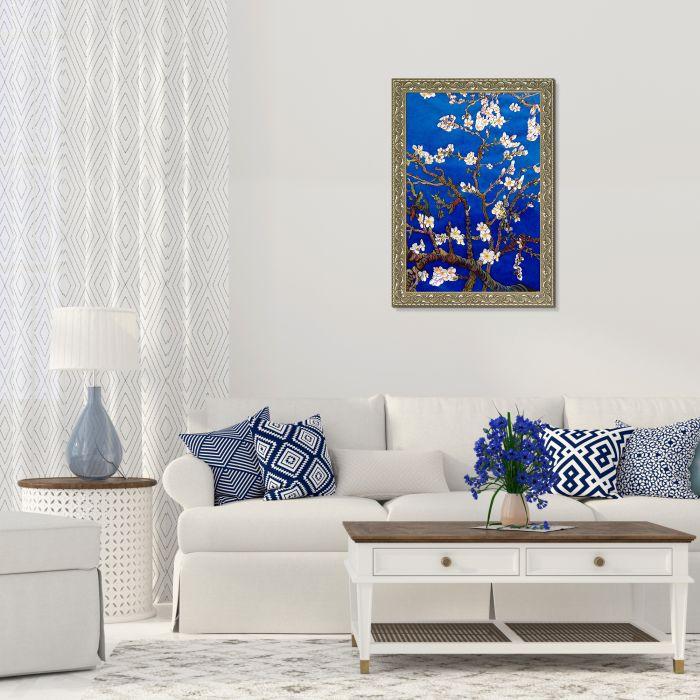 Branches Of An Almond Tree In Blossom, Sapphire Blue Pre-Framed - Rococo Silver 24"X36"