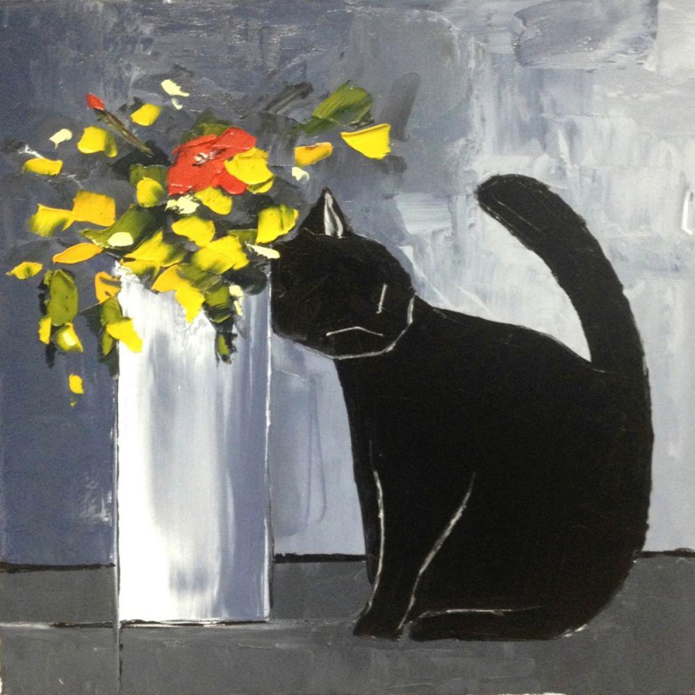 Black cat and his flowers