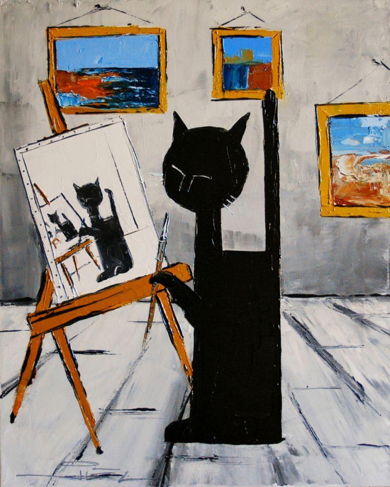 Black cat is painting