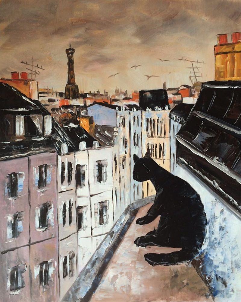 Black Cat on Roofs of Paris