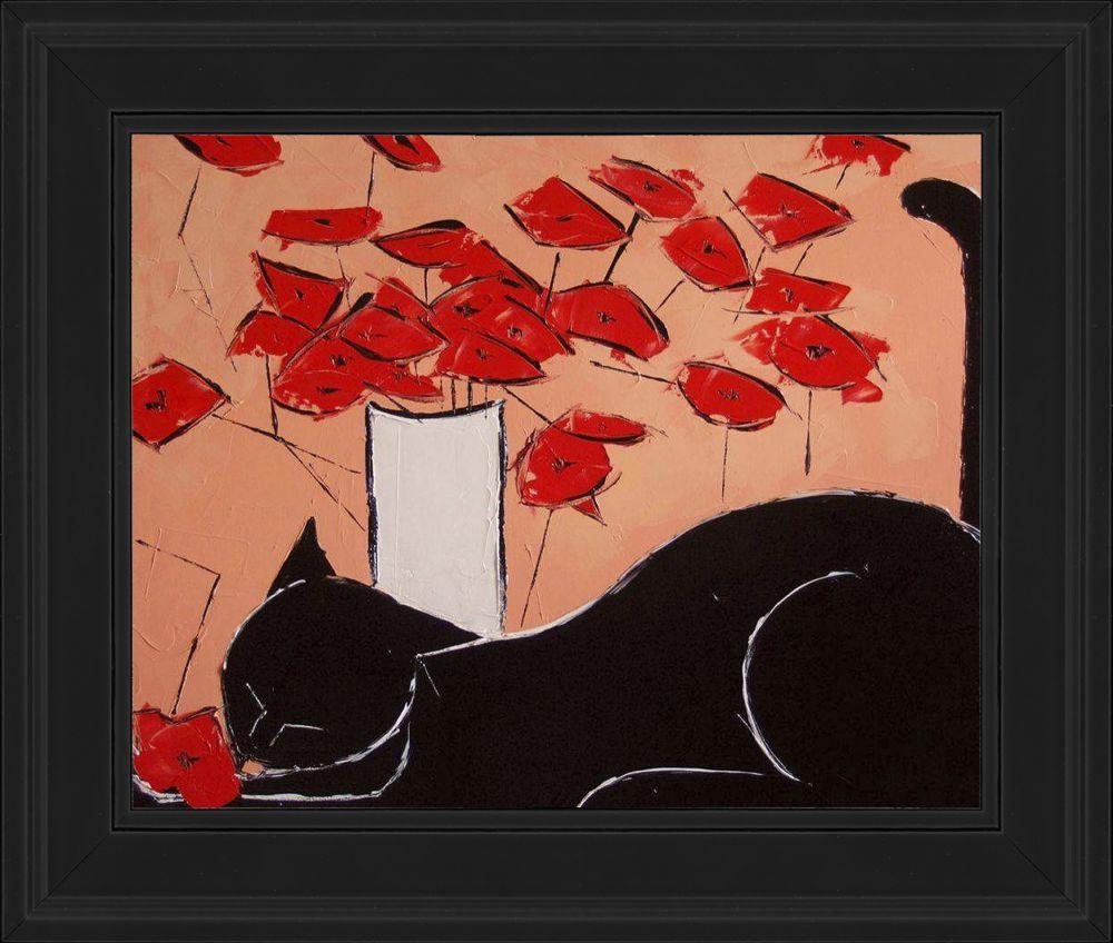 Black cat with poppies Pre-framed - Black Gallery