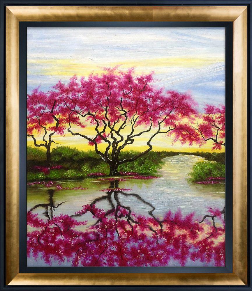 A Flowery Tree Reproduction Pre-Framed - Gold Luminoso and Black Custom Stacked Frame 20" X 24"