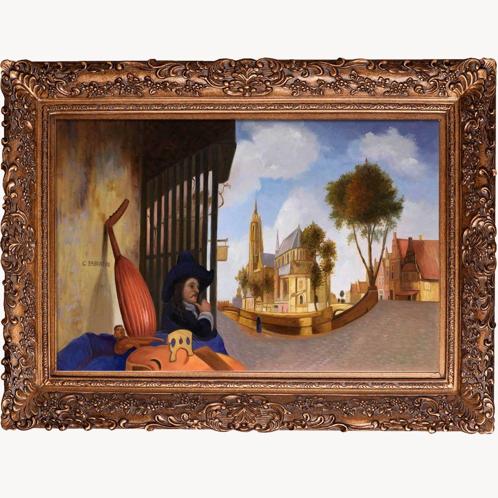 A View of Delft with a Musical Instrument Seller's Stall Pre-framed - Burgeon Gold Frame 24"X36"