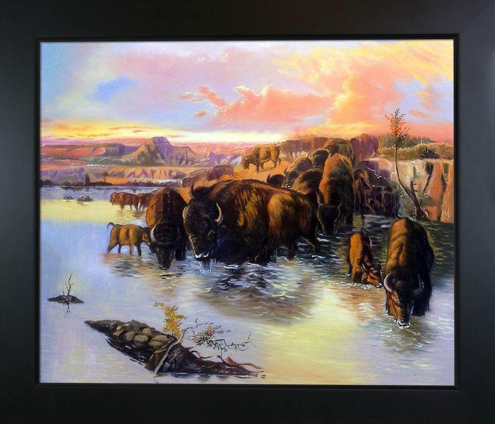 The Buffalo Herd Pre-Framed - New Age Black Frame 20"X24"