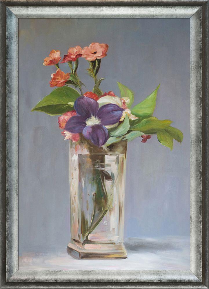 Carnations and Clematis in a Crystal Vase Pre-Framed - Athenian Distressed Silver Frame 24"X36"