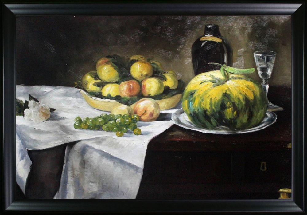 Still Life with Melon and Peaches Pre-Framed - Black Matte Frame 24"X36"