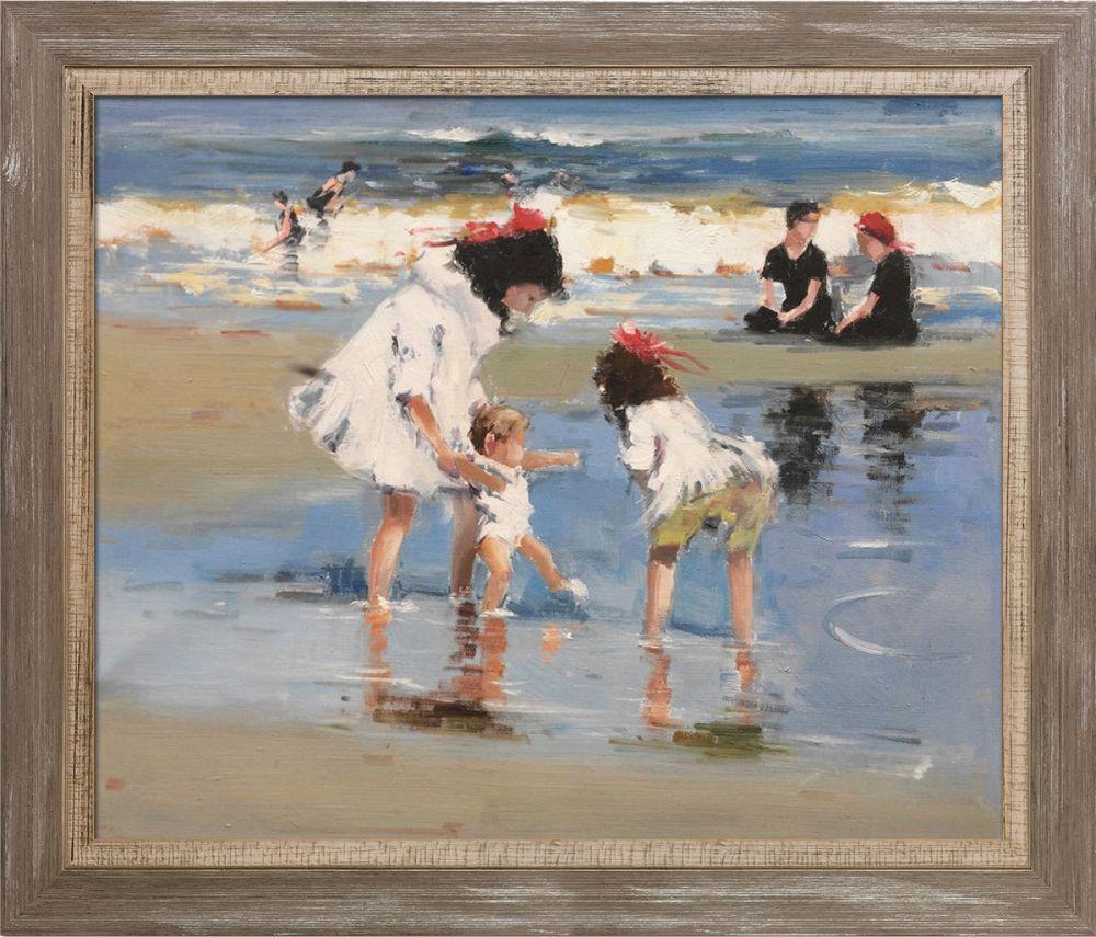 Children Playing at the Seashore Pre-Framed - Miramar Distressed Charcoal Grey Frame 20" X 24"