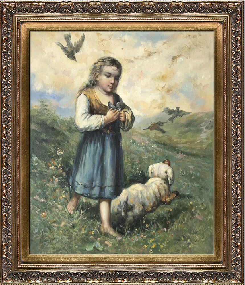 Child with Birds and Dog Preframed - Baroque Antique Gold Frame 20"X24"