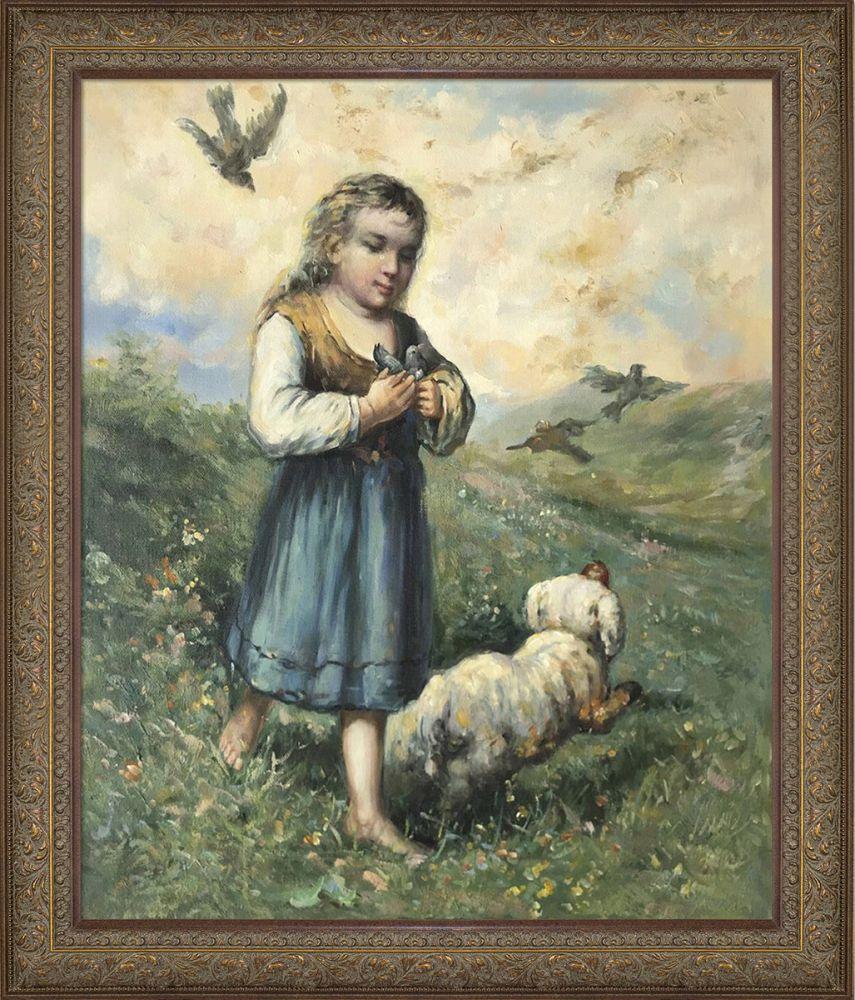 Child with Birds and Dog Preframed - Victorian Bronze Frame 20