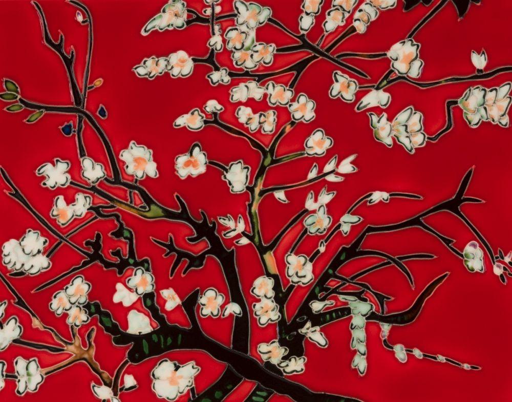 Branches Of An Almond Tree In Blossom, Red Accent Tile (felt back)