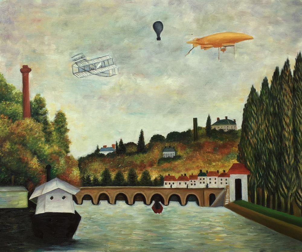 View of the Bridge in Sevres and the Hills of Clamart, Saint-Cloud and Bellevue with biplane, balloon and dirigible