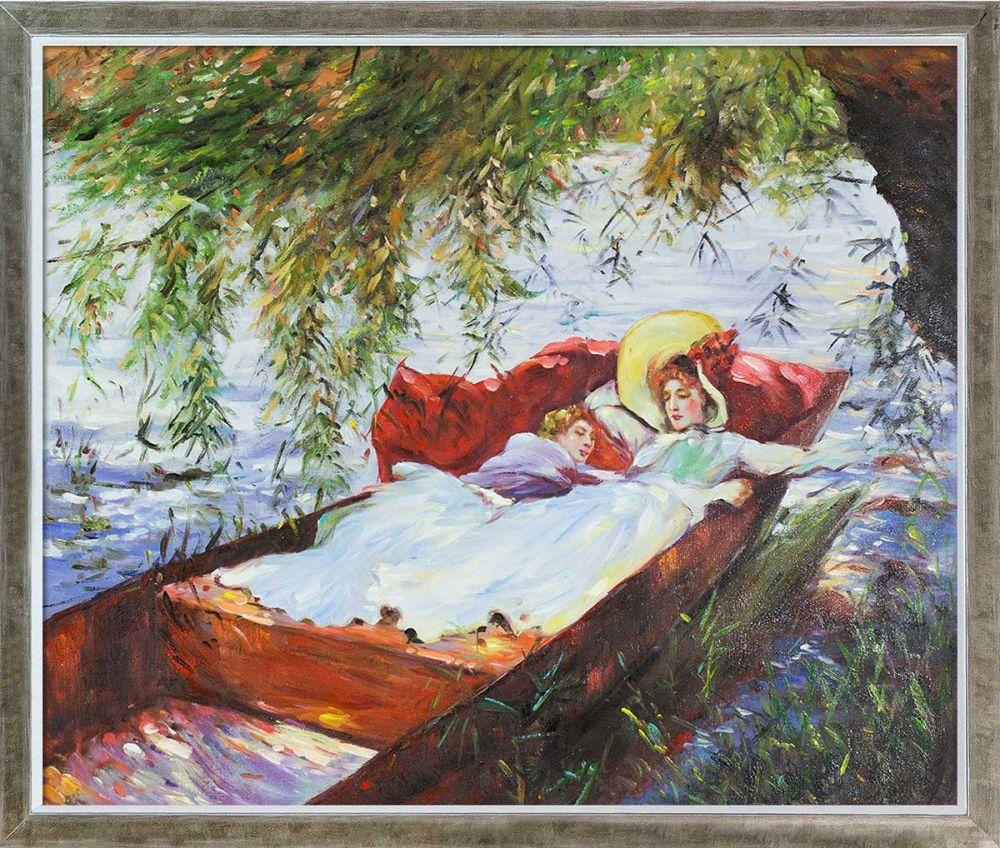 Two Women Asleep in a Punt under the Willows Pre-Framed - Champagne Silhouette Frame 20" X 24"