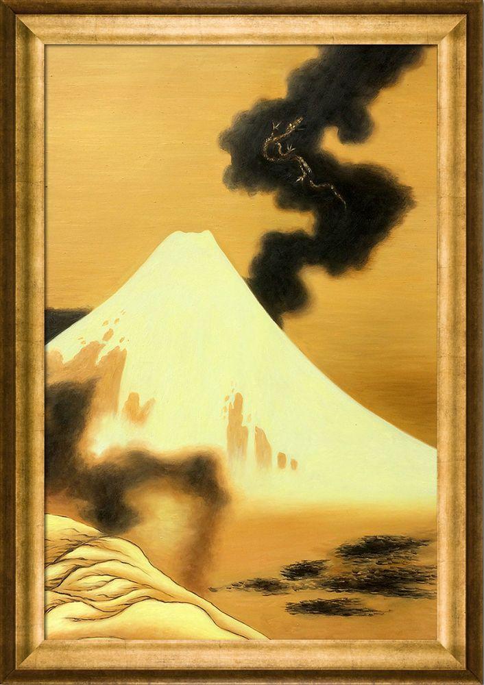 The Dragon of Smoke Escaping from Mt Fuji Pre-Framed - Athenian Gold Frame 24"X36"
