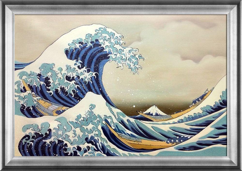 The Great Wave off Kanagawa Pre-Framed - Athenian Silver Frame 24"X36"