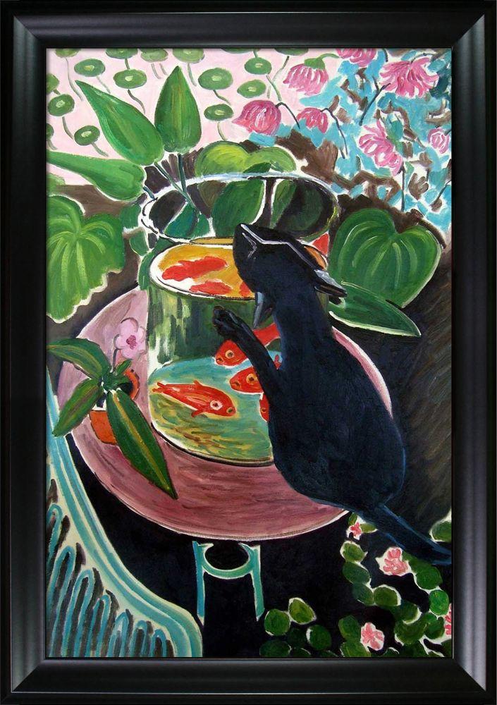 Cat with Fish Bowl Pre-framed - Black Matte Frame 24"X36"