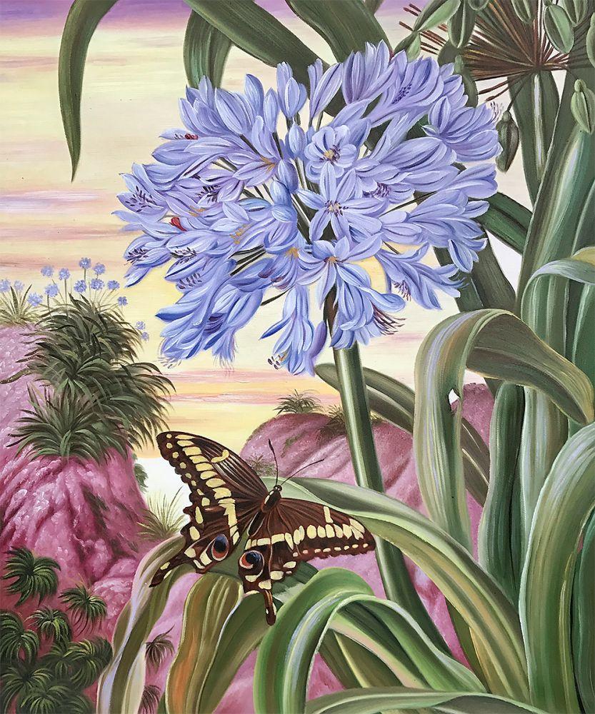 Blue Lily with Large Butterfly