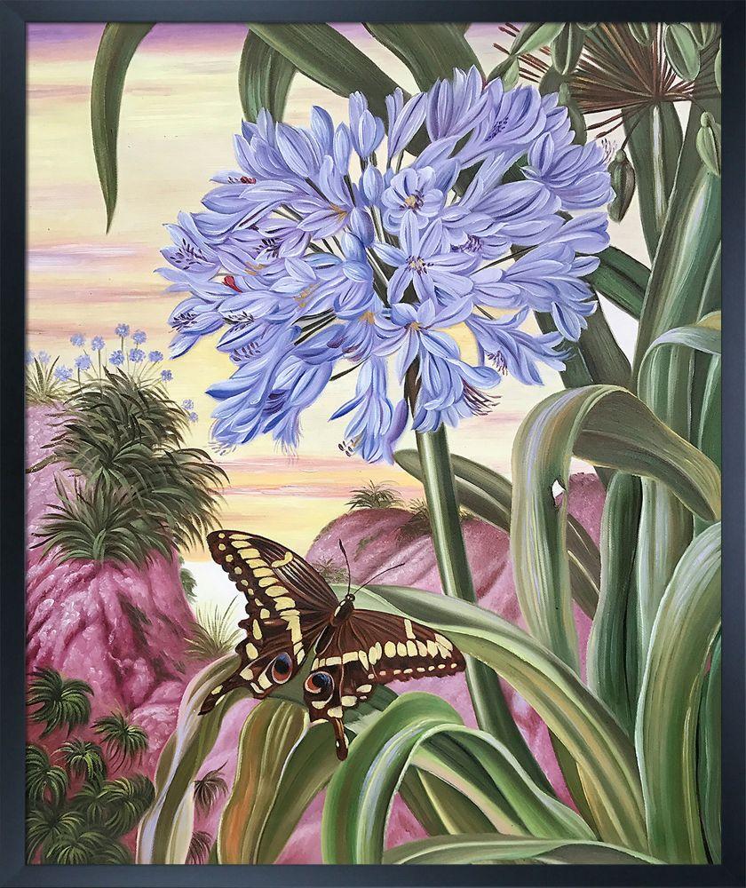 Blue Lily and Large Butterfly Pre-framed - Studio Black Wood Frame 20"X24"