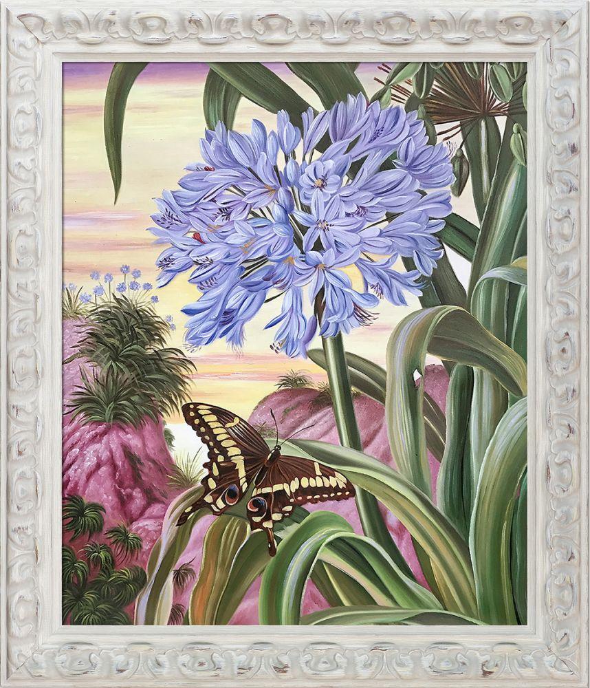 Blue Lily and Large Butterfly Pre-Framed - Brimfield Cottage White Frame 20" X 24"