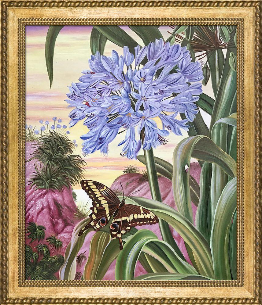 Blue Lily and Large Butterfly Pre-Framed - Verona Gold Braid Frame 20"X24"