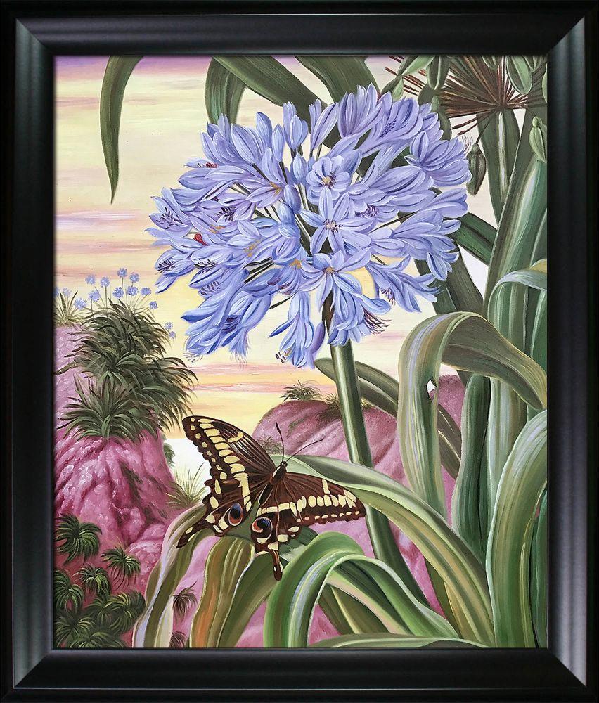 Blue Lily and Large Butterfly Pre-framed - Black Matte Frame 20"X24"