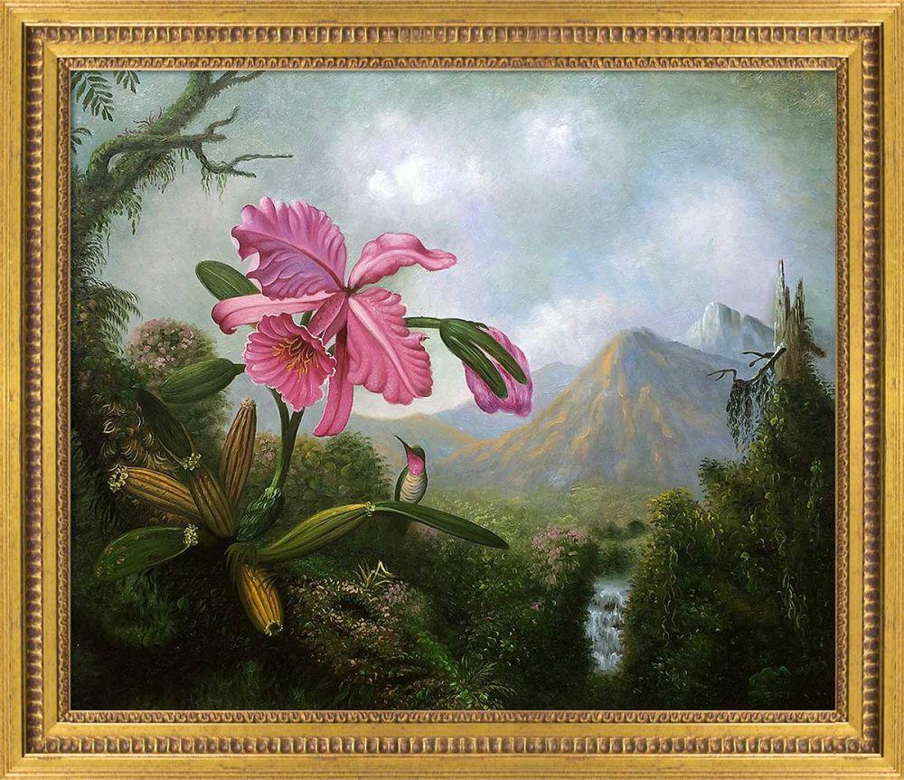 Orchid and Hummingbird Near a Mountain Waterfall, 1902 Pre-Framed - Versailles Gold Queen Frame 20" X 24"