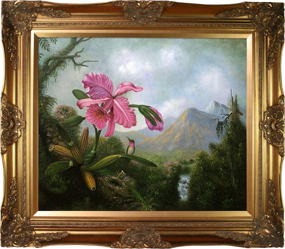 Orchid and Hummingbird Near a Mountain Waterfall, 1902 Pre-Framed - Victorian Gold Frame 20"X24"