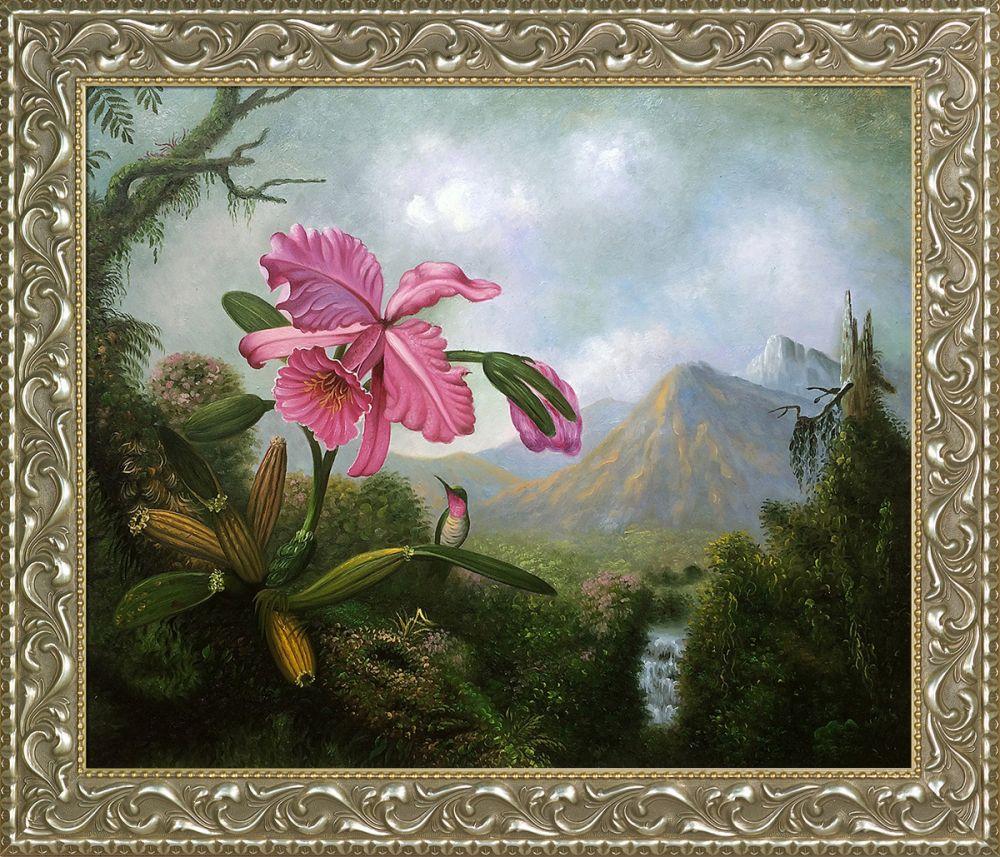 Orchid and Hummingbird Near a Mountain Waterfall, 1902 Pre-Framed - Rococo Silver 20"X24"