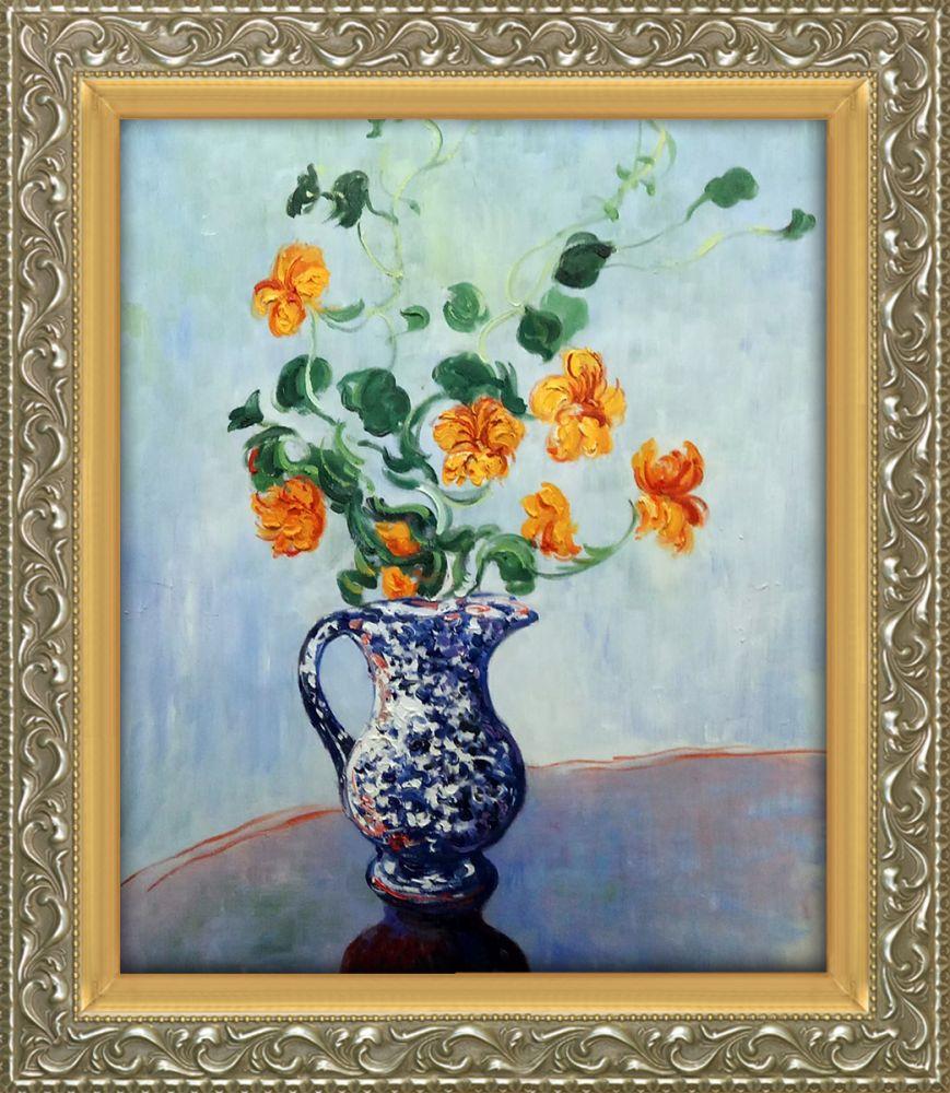 Nasturtiums in a Blue Vase Pre-Framed - Rococo Silver and Piccino Luminoso Custom Stacked Frame 20" X 24"