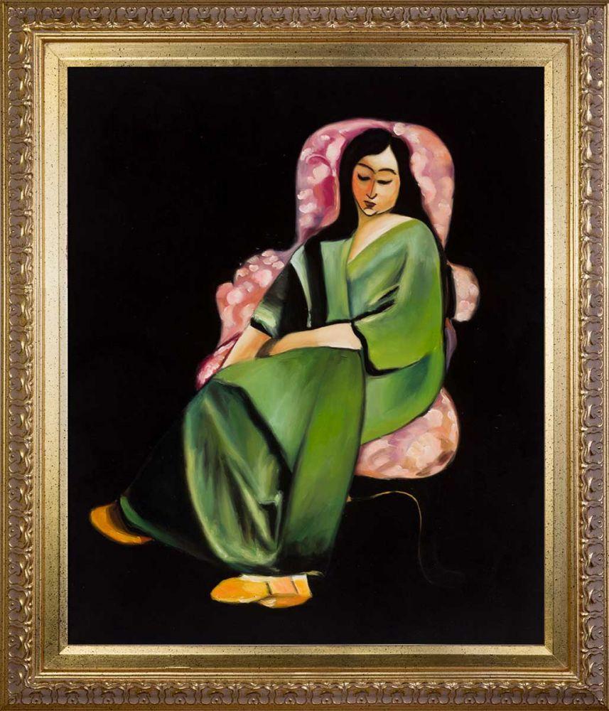 Lorette in a Green Robe Against a Black Background Pre-Framed - Elegant Gold Frame 20"X24"