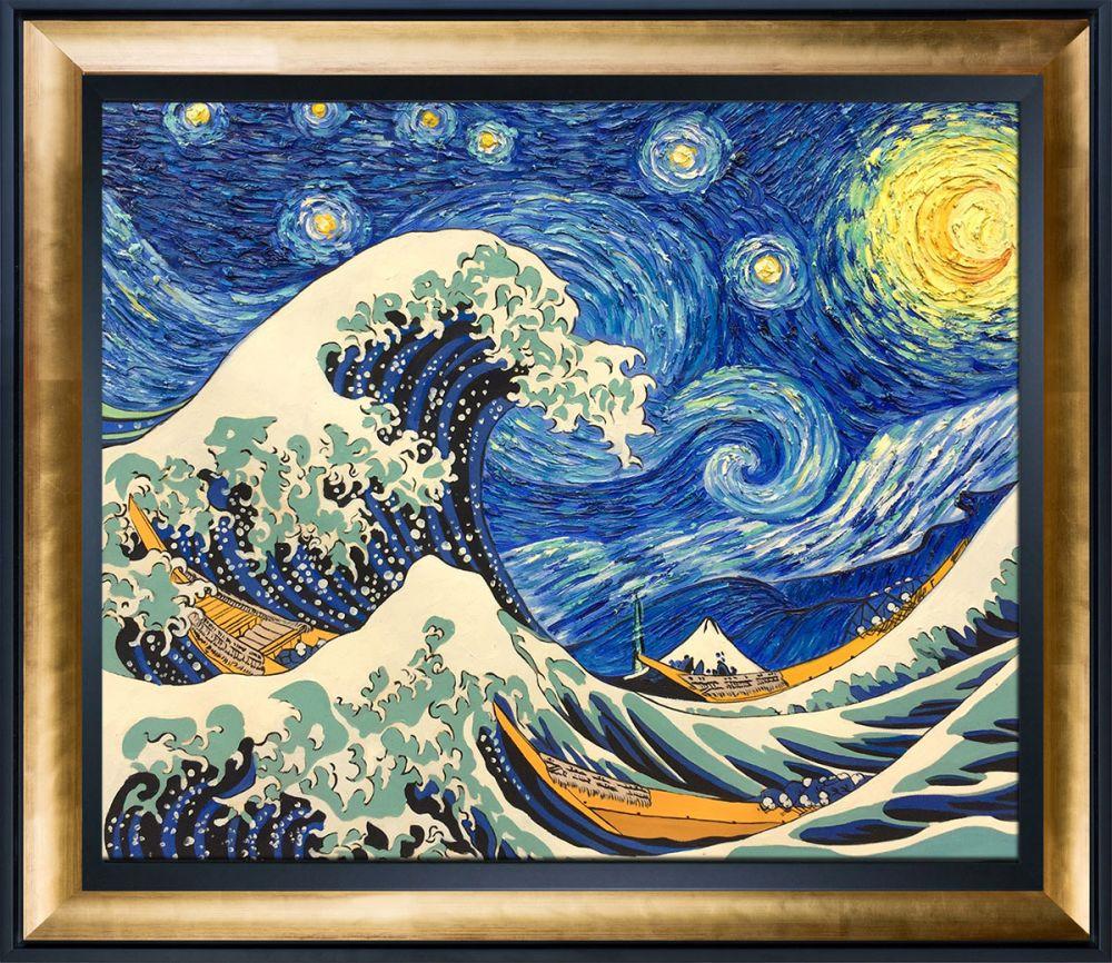 Starry Night Wave Collage Pre-Framed - Gold Luminoso and Black Custom Stacked Frame 20" X 24"