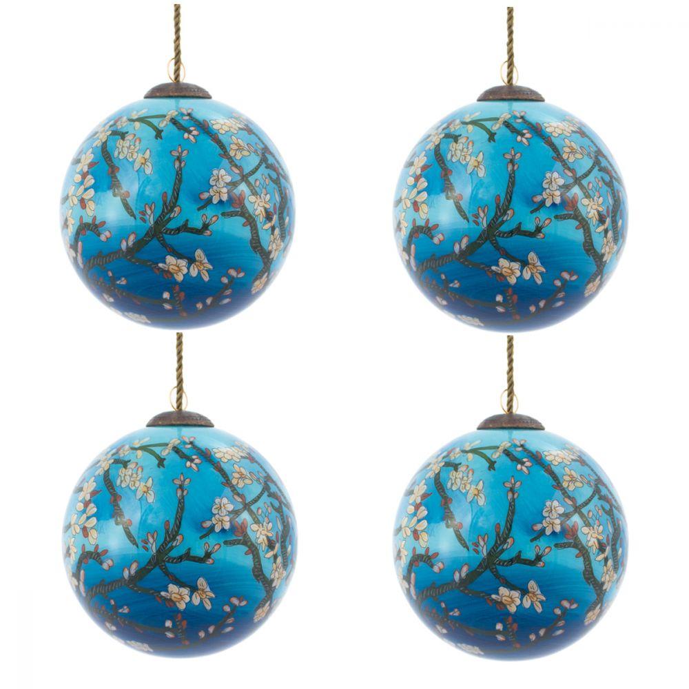 Branches of an Almond Tree in Blossom (Blue) Glass Ornament Collection (Set of 4)