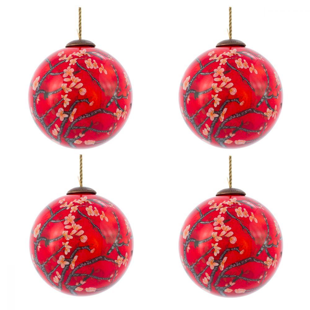 Branches of an Almond Tree in Blossom (Red) Glass Ornament Collection (Set of 4)