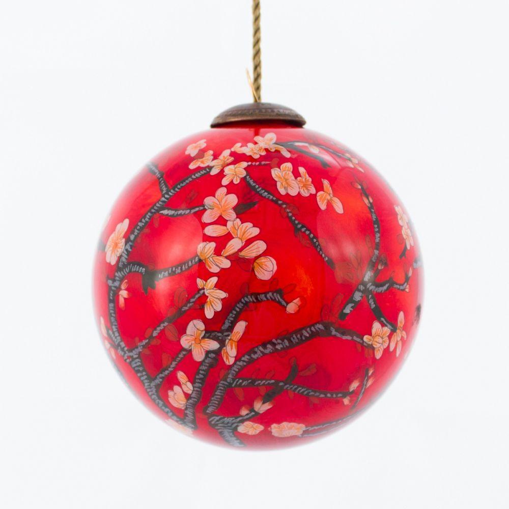 Branches of an Almond Tree in Blossom, Red Hand Painted Glass Ornament