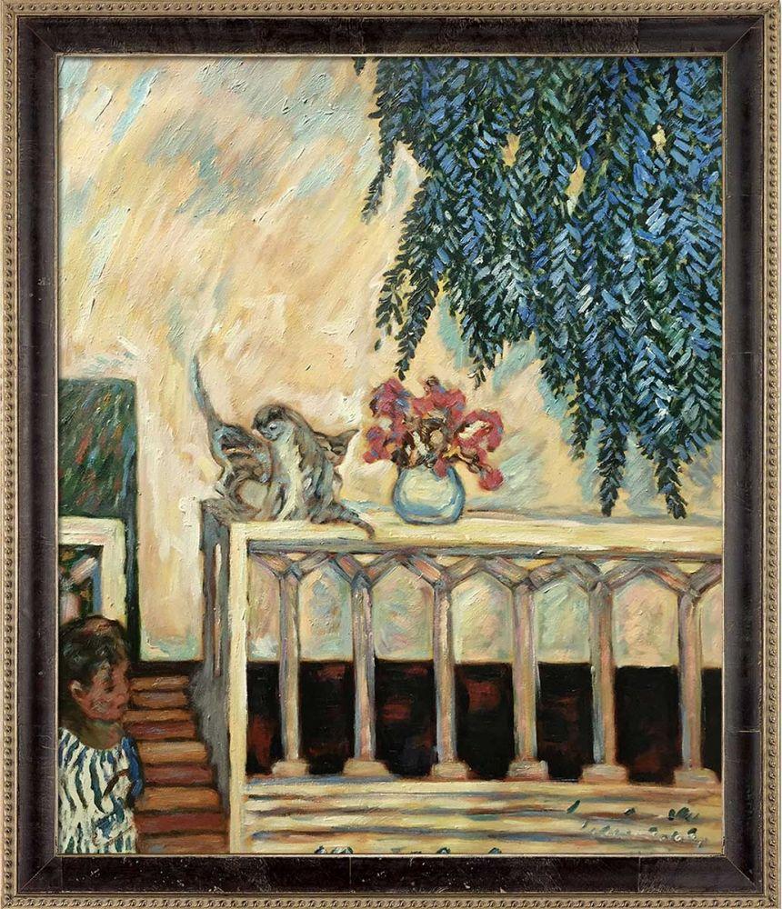 Cats on the Railing Pre-Framed - Hermitage Cabernet Scooped Frame 20X24