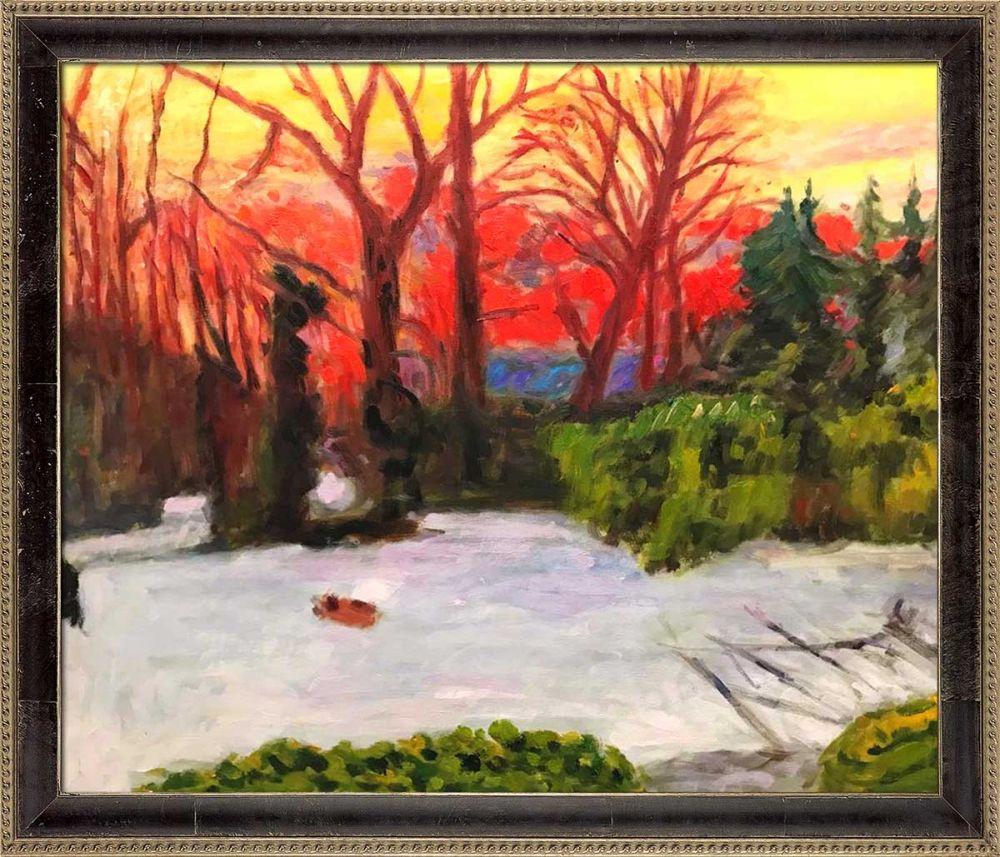 The Garden in the Snow, Sunset Preframed - Hermitage Cabernet Scooped Frame 20X24