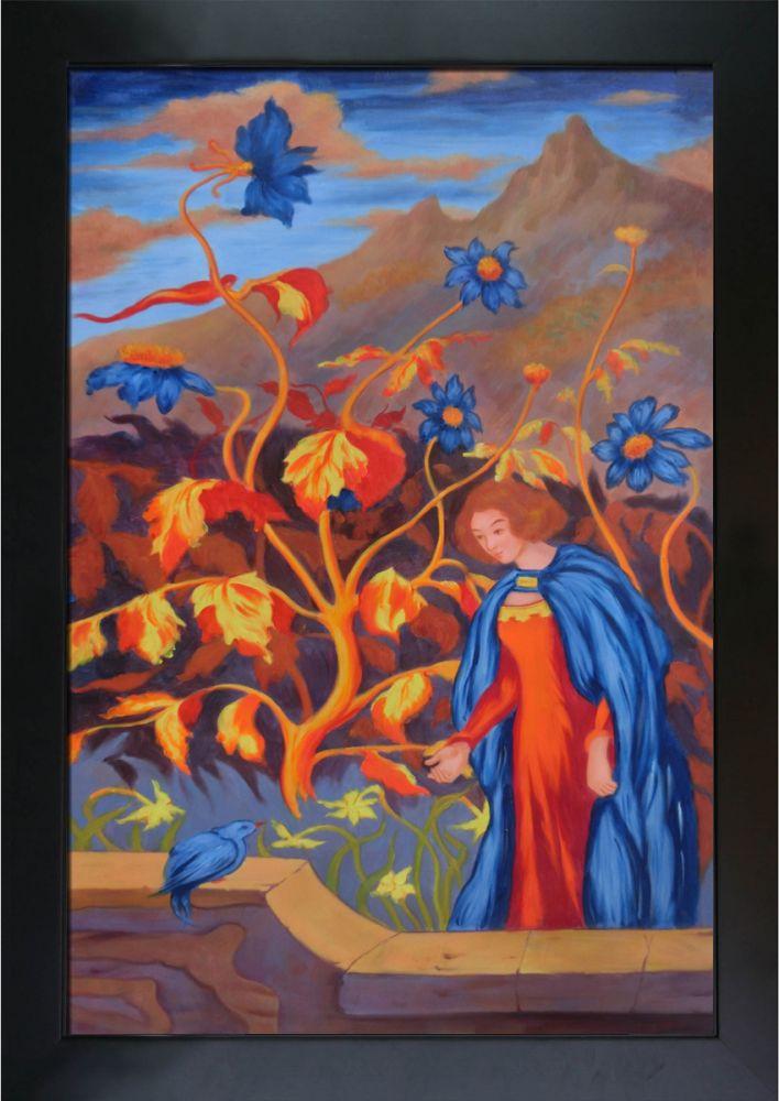 Woman and Blue Bird Pre-Framed - New Age Black Frame 24"X36"