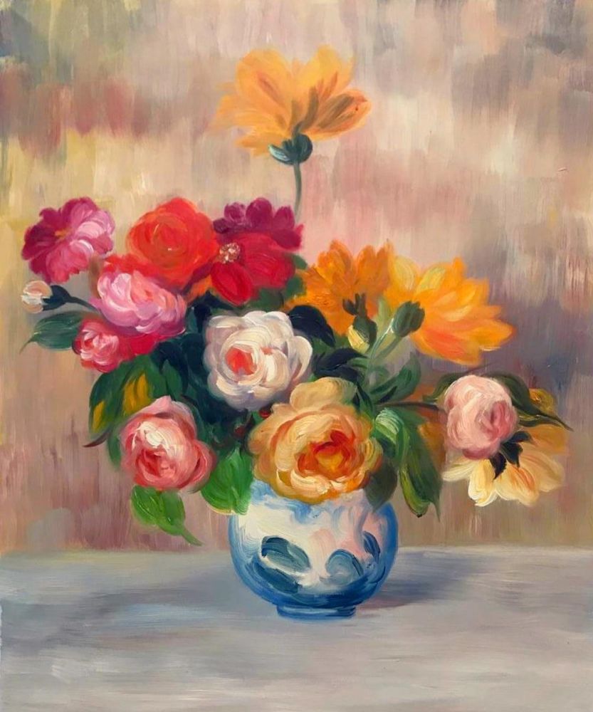 Vase of Roses and Dahlias