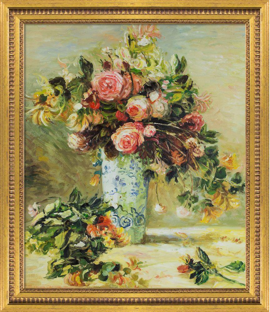 Roses and Jasmine in a Delft Vase Pre-framed - Versailles Gold Queen Frame 20" X 24"