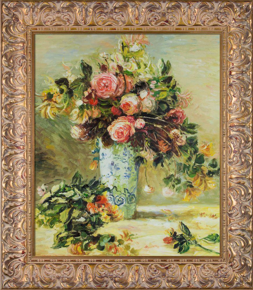 Roses and Jasmine in a Delft Vase Pre-Framed - Espana Gold Frame 20"X24"