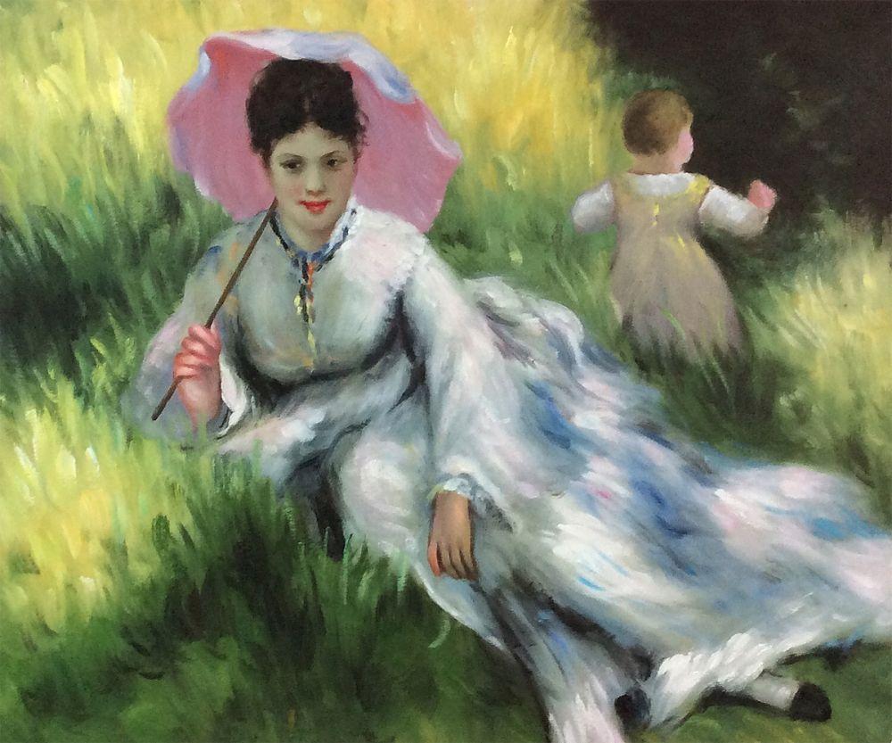 Woman with a Parasol and a Small Child on a Sunlit Hillside
